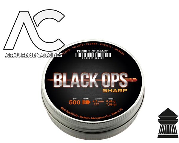 BOÎTE DE 500 PLOMBS BLACK OPS SHARP À TÊTE POINTUE CAL. 4.5 MM
